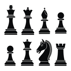 Chess piece icons set. Black silhouettes illustration  isolated on white background. King, queen, bishop, pawn, horse, knight, rook.