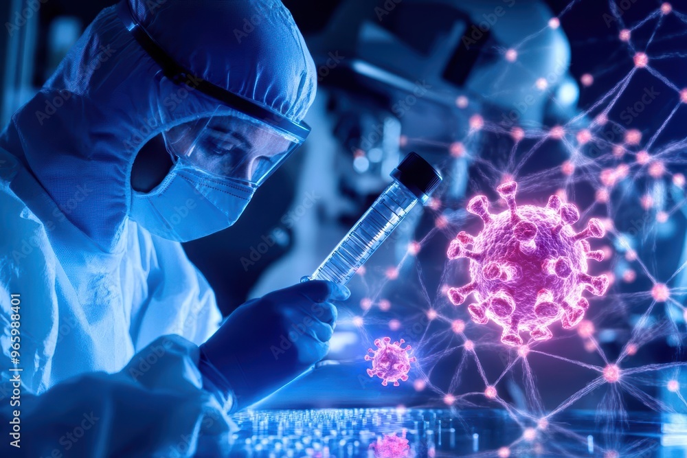 Poster a scientist examines a vial while observing a digital representation of a virus in a high-tech labor