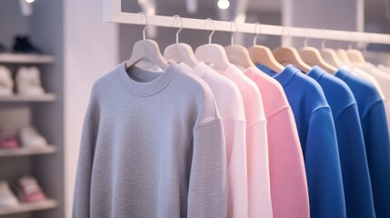 Obraz premium Pastel white, gray, blue and pink cotton sportswear on a rail in the store.