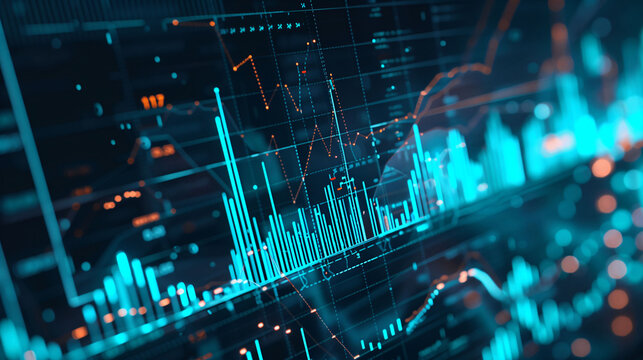Finanzanalysen und Kursentwicklung in graphischer Darstellung, Finanzdaten in blauer Grafik, Aktienanalyse Kursdiagramme Finanzprognose Wall Street Trading Kursverlauf auf schwarzen Hintergrund