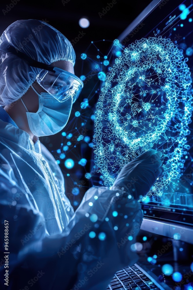 Aufkleber a scientist in protective gear analyzes data on a futuristic computer screen, showcasing advanced te