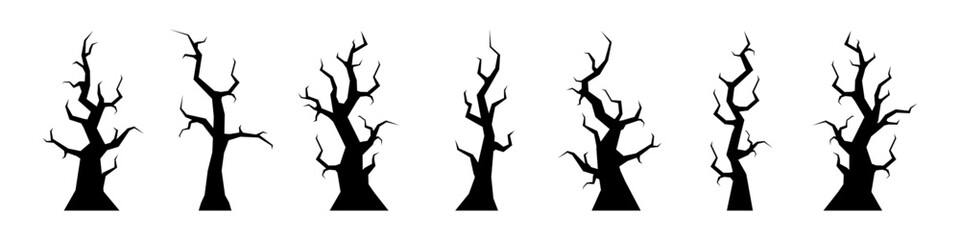 Set of bare trees icons. Spooky leafless trees. Victor