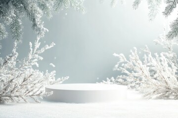 Snowy Winter Background with a White Circular Platform