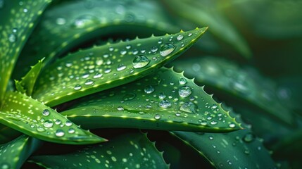 Fresh aloe vera leaves with water droplets.