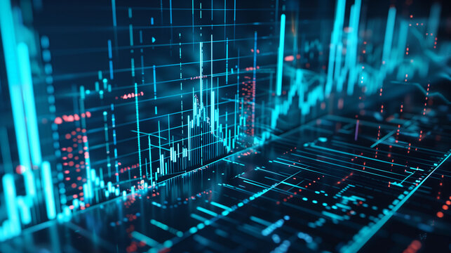 Finanzanalysen und Kursentwicklung in graphischer Darstellung, Finanzdaten in blauer Grafik, Aktienanalyse Kursdiagramme Finanzprognose Wall Street Trading Kursverlauf auf schwarzen Hintergrund