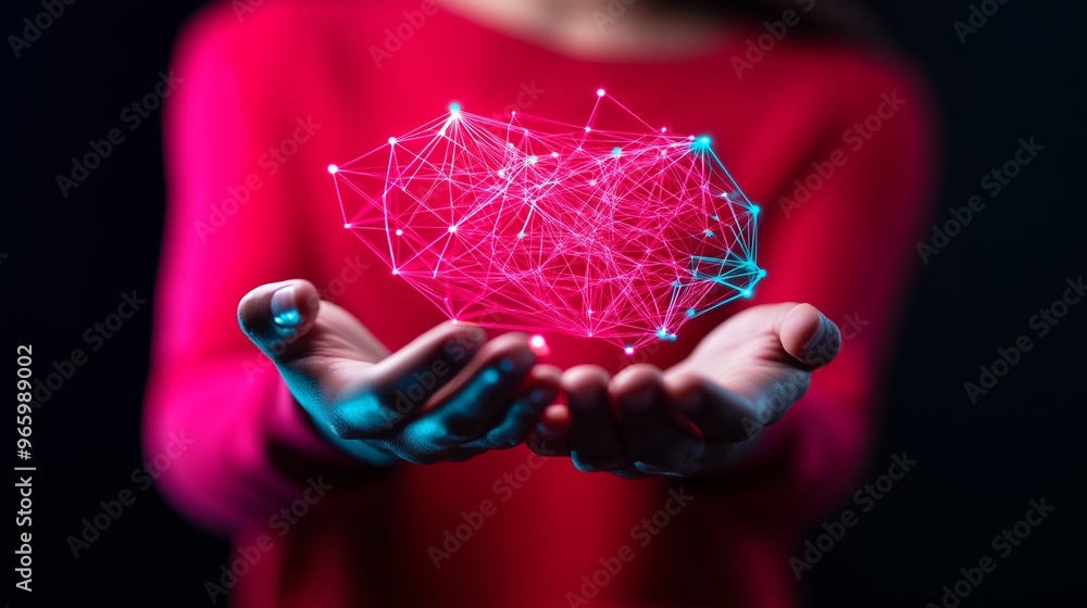 Poster a woman is holding a red object that is made up of lines. the lines are pink and appear to be connec