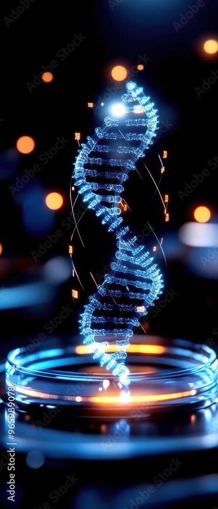 Poster abstract representation of dna in a futuristic setting, highlighting nature's complexity with glowin