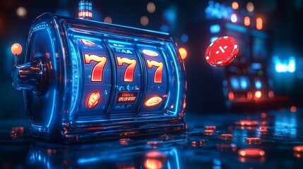 A blue slot machine with three reels, spinning and glowing in the dark background. The numbers on each side of it show "7".