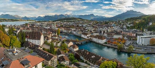 Lucerne (Luzern) Switzerland high angle view panorama city skyline at Reuss river