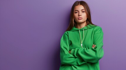 Funky impressed girl wear green sweatshirt rising clock empty space isolated purple color background.