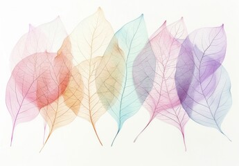 Fototapeta premium Delicate translucent leaves in soft pastel colors arranged in a beautiful pattern on a light background