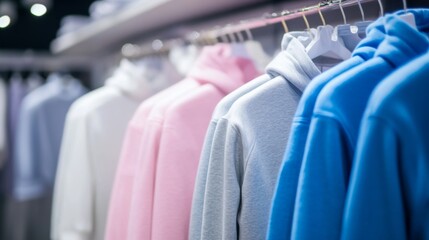 Obraz premium Pastel white, gray, blue and pink cotton sportswear on a rail in the store.