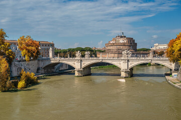 Obraz premium Rome Vatican, city skyline at Tiber River and Castel Sant'Angelo with autumn foliage season