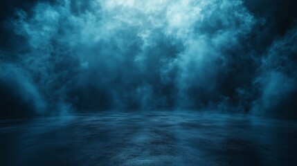 Fototapeta premium A dark, empty room with a concrete floor and blue smoke in the background.