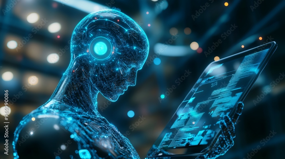 Poster a digital humanoid interacts with a glowing tablet screen showcasing code.