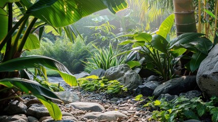 Tropical plants and rocks in a landscape setting.