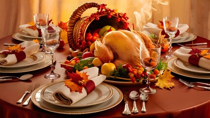 Thanksgiving Dinner Feast Background, generative AI