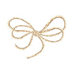 Rope twisted in bow. Hand drawn watercolor illustration isolated of background. Marine cord or string of hemp. Fiber of burlap. Nautical style clipart for card, creativity, craft, decoration, print.