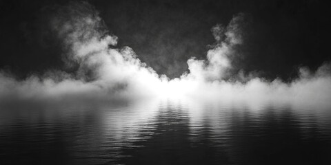 Fototapeta premium Ethereal Mist and Smoke on Dark Background: Abstract Cinematic Composition for Marketing Campaigns and 4K Wallpapers. Atmospheric Fantasy-Style Imagery with Water Reflections, Depth, and Wide-Angle P