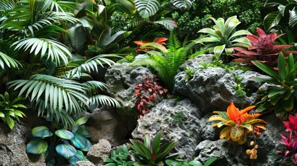 Fototapeta premium Tropical plants and rocks in a landscape setting.