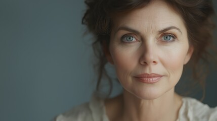 Naklejka premium A woman with a blue eye shadow and a white shirt. She has a serious look on her face