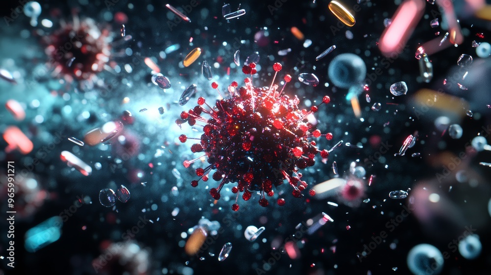 Poster Glowing virus particle with molecules in a digital representation of viral infection and pandemic research. Perfect for visualizing diseases like monkeypox or mpox.