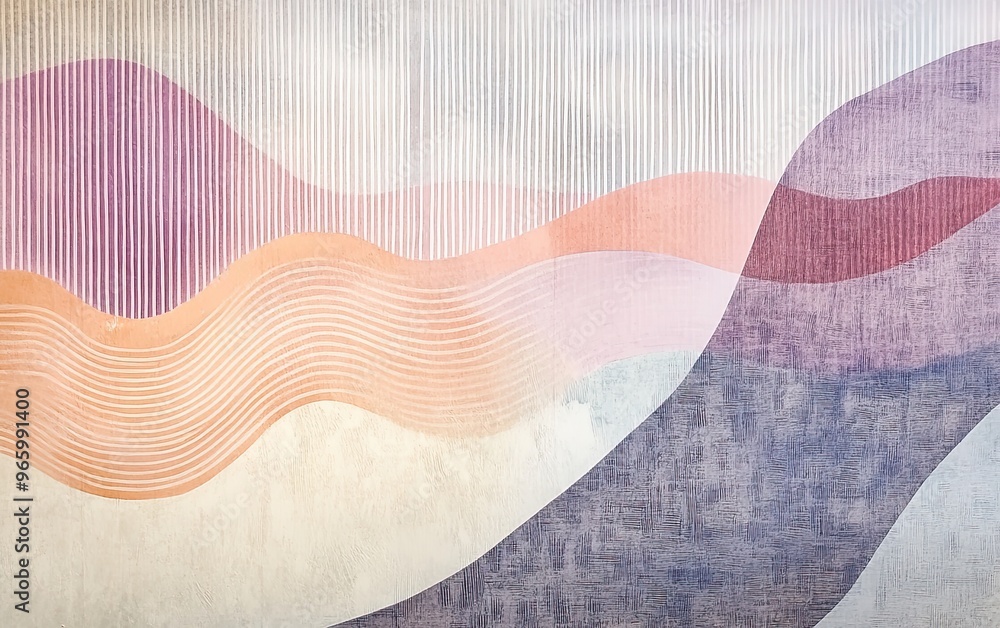 Poster serene minimalist abstract composition with wavy lines and geometric shapes on soft pastel backgroun