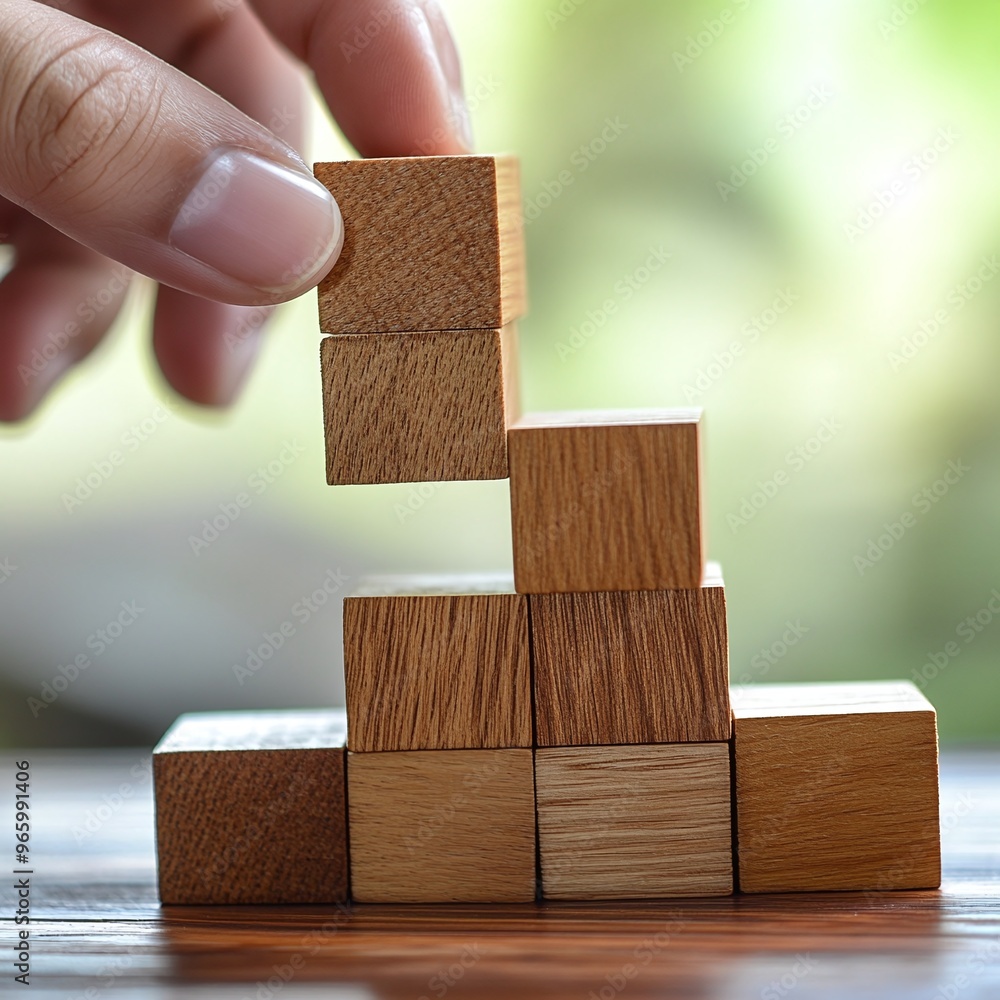 Poster concept of business growth success and development process with close-up hand stacking wood blocks s