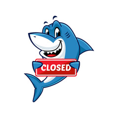 Cartoon shark holding a red sign with the word closed on it. 