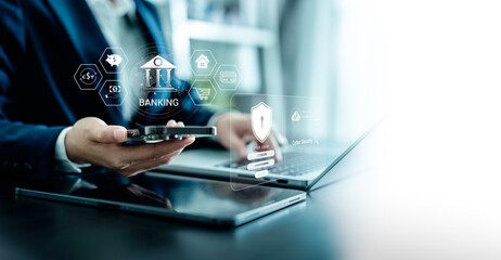 Businesswomen use smartphone connecting digital banking global network virtual, smart fintech...