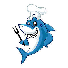 Naklejka premium Cartoon chef shark holding a fork. Perfect for restaurant and food related designs.