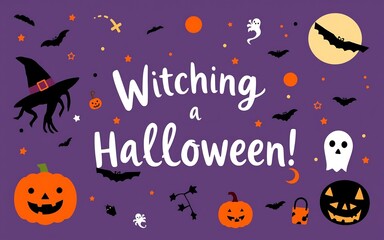 Purple background with orange and black pumpkins, bats and ghosts, a fun Halloween greeting card design. 
