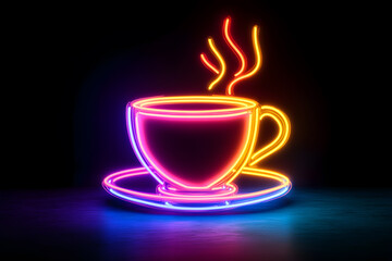 Neon glowing coffee cup illustration isolated on black background