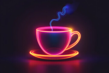 Neon glowing coffee cup illustration isolated on black background