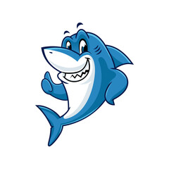 Happy cartoon shark mascot giving a thumbs up gesture on a white background.
