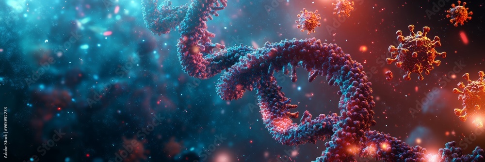 Poster A close-up view of a DNA helix surrounded by floating virus particles, symbolizing mutation and transmission of viral diseases.