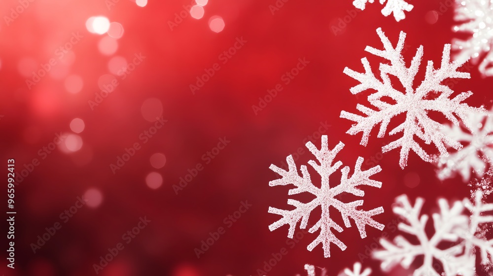 Poster white snowflakes on a red bokeh background