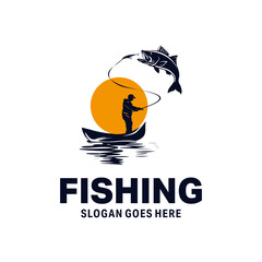 a man fishing in a boat logo design. Vintage fishing logo design