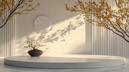 A white circular platform with yellow osmanthus branches.