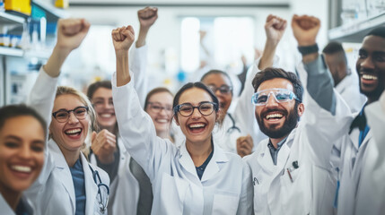 Group of diverse scientists celebrating success in a laboratory, showing teamwork, achievement, innovation, and joy in scientific research