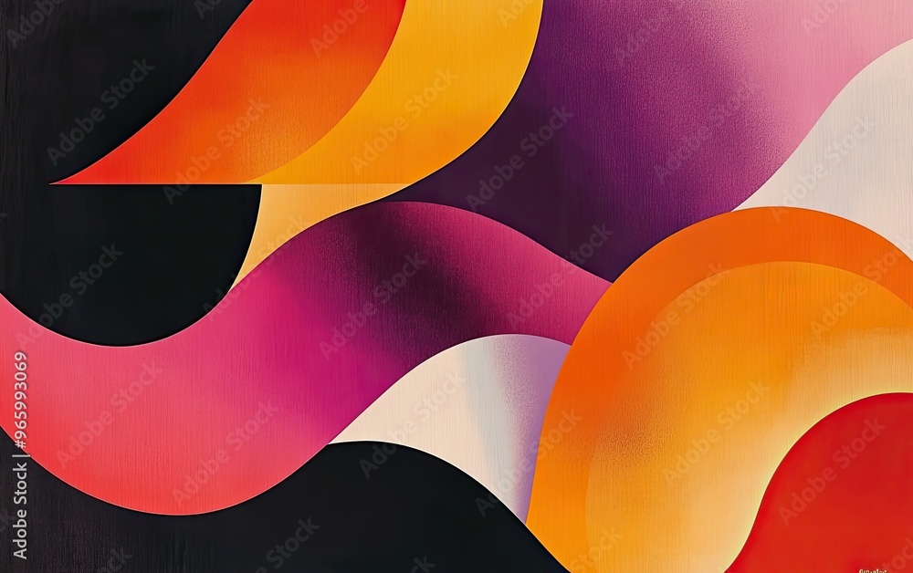 Poster dynamic abstract composition with fluid lines and vibrant shapes creating depth
