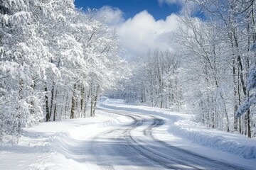 Snow-Covered Trees Line a Winding Road in a Winter Forest