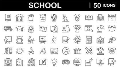School set of web icons in linear style. Education and knowledge icons for web and mobile app. Back to school. Learning, classroom, students, online education. Vector illustration