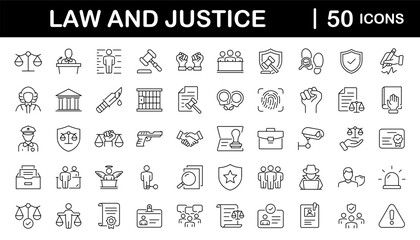 Law and justice set of web icons in linear style. Justice and law icons for web and mobile app. Legal documents. Law, judgement, prison, justice, court legal, lawyer, criminal. Vector illustration