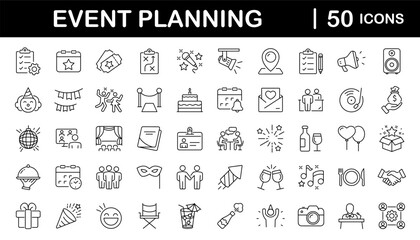 Event planning set of web icons in linear style. Event organisation icons for web and mobile app. Management, wedding, entertainment, catering, invitations, catering, coordination. Vector illustration