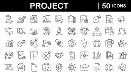 Management set of web icons in linear style. Project management icons for web and mobile app. Business, organisation management, planning, project, startup, marketing, teamwork. Vector illustration