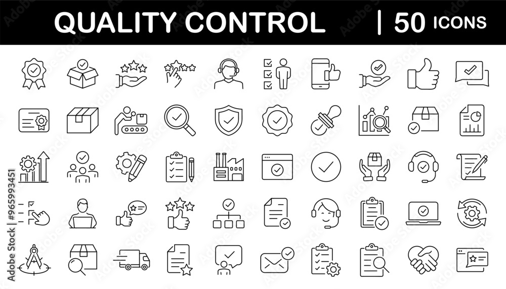 Fototapete Quality control set of web icons in line style. Quality Check computing icons for web and mobile app. Containing inspection, evaluation, production, quality assurance, certificate, testing and more
