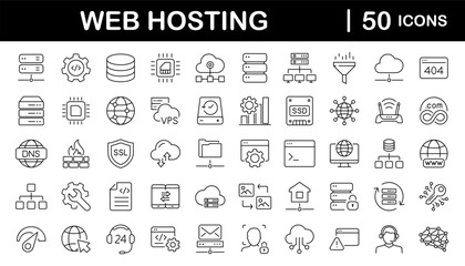 Web hosting set of web icons in line style. Hosting and cloud computing icons for web and mobile app. Containing webspace, data exchange, domain, cloud, website, server, traffic and service and more