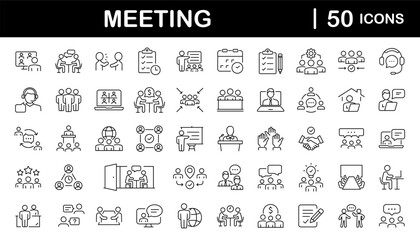 Meeting set of web icons in line style. Live webinar icons for web and mobile app. Containing conference, business meeting, classroom, team, interview, conference, work, discussion and more