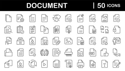 Document set of web icons in line style. Documents linear icon collection. Containing contract papers, folder, certificate, accept, approved, clipboard, invoice, archive and more. Editable stroke